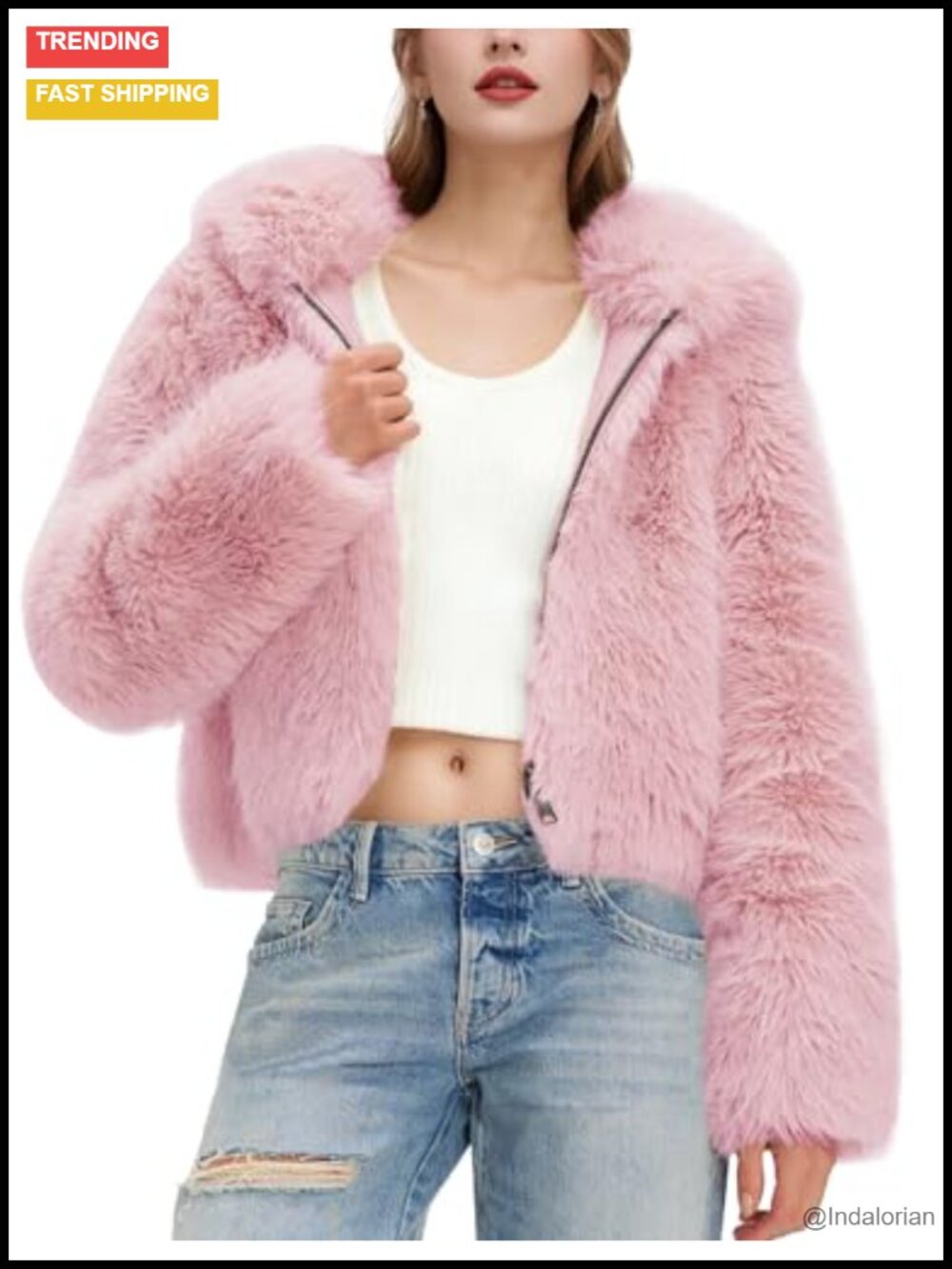Faux Fur Hooded Cropped Zip Up Winter Coat with Pockets